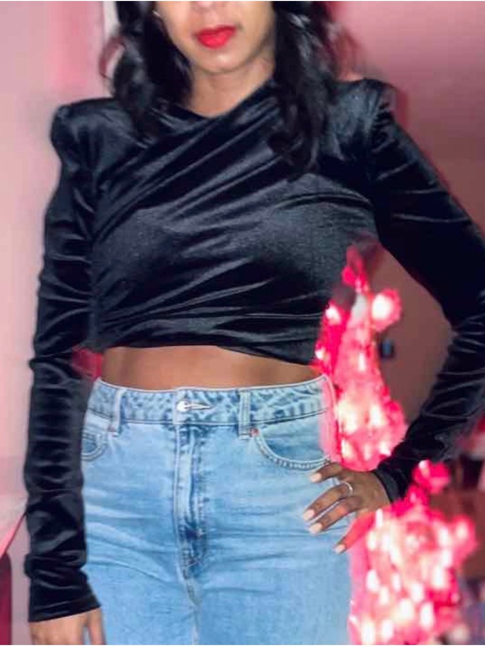 Zara Black Velvet Long-Sleeve Crop Top - Women